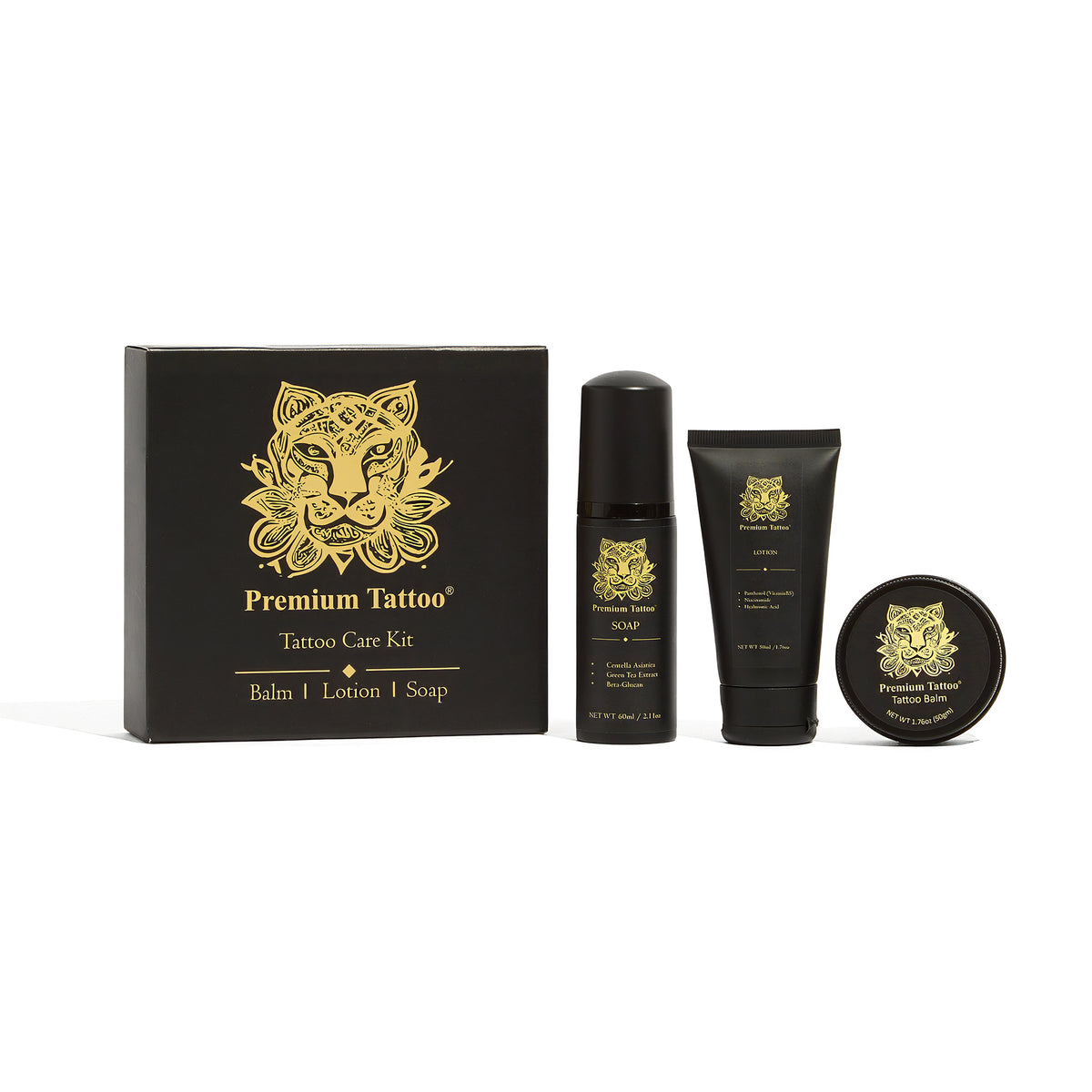 Premium Tattoo Aftercare Kit — complete tattoo healing set with Foam Soap, Balm and Lotion