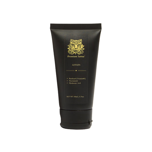 Premium Tattoo Aftercare Lotion 50ml bottle — Ceramide Complex and Niacinamide tattoo moisturiser for long-term colour clarity