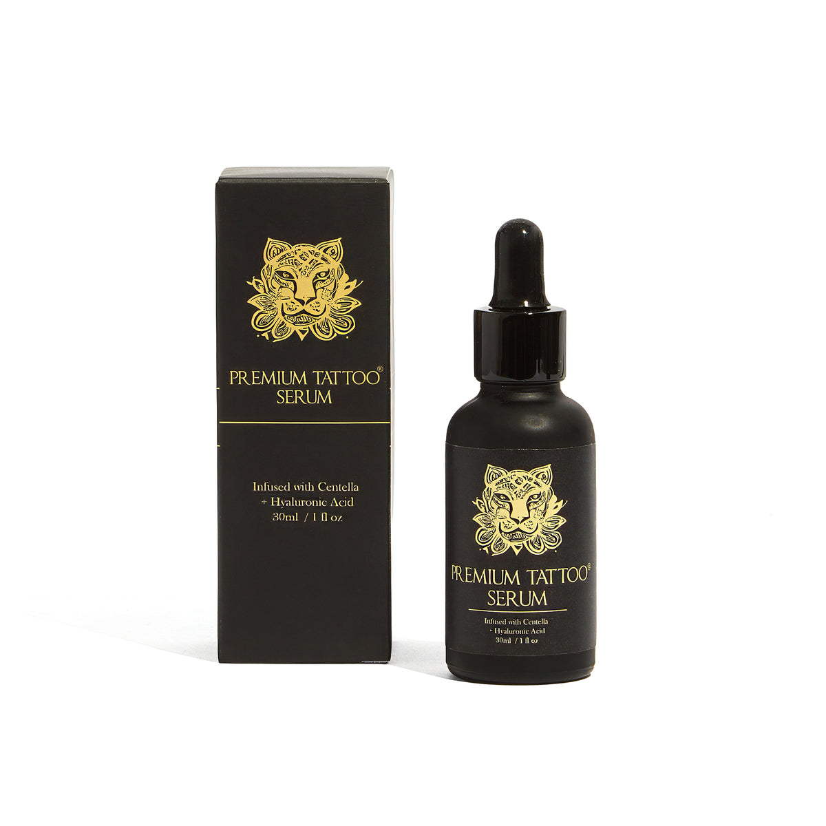 Premium Tattoo Aftercare Serum bottle — Centella Asiatica and Hyaluronic Acid healing formula for fresh tattoos